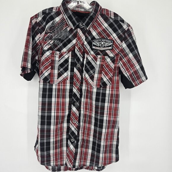 Harley-Davidson Shirt Mens Medium Plaid Eagle Patch Motor Clothes Western - Picture 3 of 16